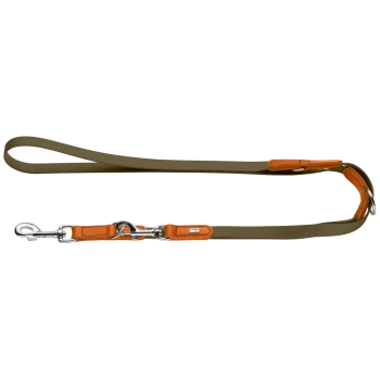 Olivgrüne Hundeleine mit orangefarbenem Lederbesatz, silbernem Verschluss und Ringen sowie kleinem rechteckigem Etikett mit unleserlichem Text