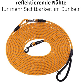 Orangefarbene Hundeleine mit reflektierenden Nähten für erhöhte Sichtbarkeit im Dunkeln, mit einem schwarzen Griff und Clip.