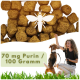 Haustierfutter-Kibble in goldener Farbe, mit einem Bienen-Icon-Overlay; der Text lautet "70 mg Purin / 100 Gramm" am unteren Rand.