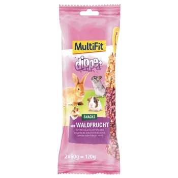 Pink MultiFit Dipper small-pet snack pack with small animals; reads 'MIT WALDFRUCHT' and '2x60g=120g'