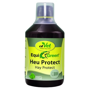 Flasche cdVet EquiGreen Heu Protect, ein natürlicher Heuschutz für Pferde, mit einem grünen und gelben Etikett mit '100% NATUR.'