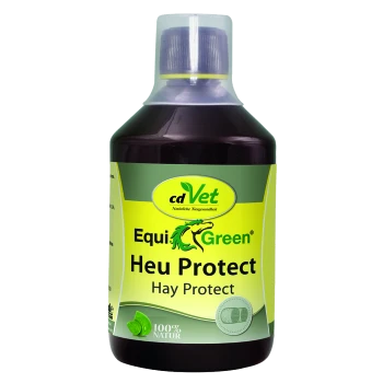 Flasche cdVet EquiGreen Heu Protect, ein natürlicher Heuschutz für Pferde, mit einem grünen und gelben Etikett mit '100% NATUR.'