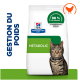Sac de nourriture pour chat Hill's Prescription Diet Metabolic avec un chat tigré, texte sur la gestion du poids, et revendication de 88 % de perte de poids animale.
