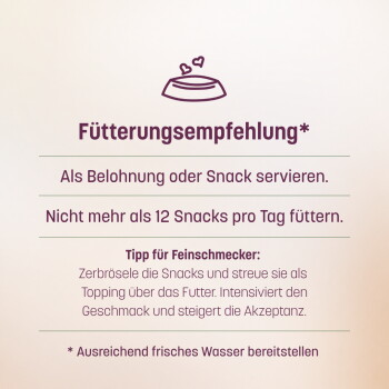 ‚Snack gut. Tu Gutes. Fühl dich gut.‘ mit Abzeichen: Mit Tierärzten entwickelt; 90‑Tage‑Geld‑zurück‑Garantie; Finalist Fressnapf 2026; Frischer Truthahn.