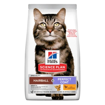 Hill's Science Plan kattenvoerzak met gestreepte kat; label 'Tegen haarballen & perfecte vacht', 'met kip', 'Aanbevolen door dierenartsen'