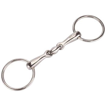 Ein glänzendes Metallgebiss mit zwei Ringen und einem zentralen Gelenk, beschriftet mit "EQUITNATE" und "12,5 cm," ideal für das Reiten.
