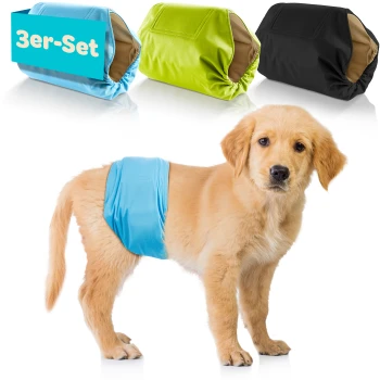 Ein Golden Retriever, der eine blaue Haustierwindel trägt, mit zwei zusätzlichen Windeln in Grün und Schwarz, die dahinter angezeigt werden. Text lautet '3er-Set.'
