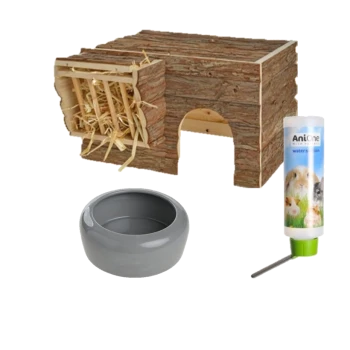Maison pour animaux en bois avec de la paille, un bol de nourriture gris et une bouteille d'eau étiquetée "AniOne" présentant de petits animaux à l'avant.