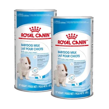 Zwei Dosen Royal Canin Babydog Milk, ein Milchersatz für Welpen im Alter von 0-2 Monaten, jeweils 400g schwer.