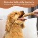 Ein glücklicher goldenfarbener Hund kaut auf einem Kaffeeknochen, mit dem Text darüber: "Robuster Kaffeeholz Kausnack, natürlicher, koffeinfreier Kausnack für Hunde."