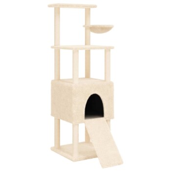 Ein beiger Katzenbaum mit mehreren Ebenen, der einen gemütlichen Rückzugsort mit einer Rampe, zwei Plattformen und einer schalenförmigen Sitzgelegenheit oben bietet.