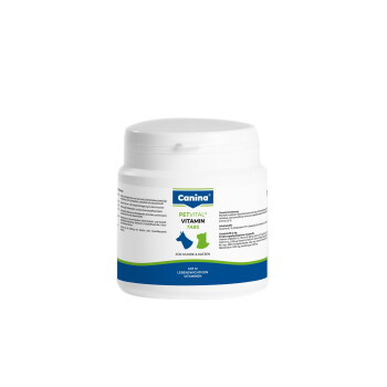 Weißes Canina PETVITAL Vitamin Tabs-Glas für Hunde und Katzen, blau-grünes Etikett mit der Aufschrift 'Für Hunde & Katzen'.