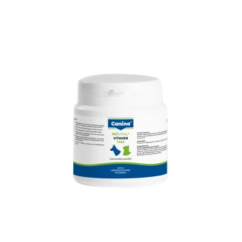 Weißes Canina PETVITAL Vitamin Tabs-Glas für Hunde und Katzen, blau-grünes Etikett mit der Aufschrift 'Für Hunde & Katzen'.