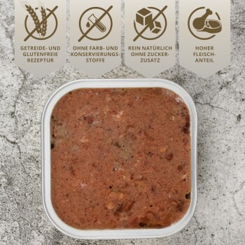 Plastikbehälter mit Haustierfutter, das als getreidefrei, ohne künstliche Farben oder Konservierungsstoffe, natürlich zuckerfrei und fleischreich gekennzeichnet ist.