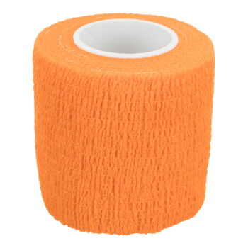 Orange self-adhesive cohesive veterinary bandage roll with white core, textured surface, on white background