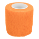 Orange self-adhesive cohesive veterinary bandage roll with white core, textured surface, on white background