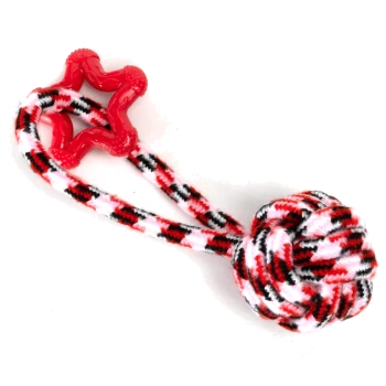 Rotes und schwarzes Seil-Hundespielzeug mit einem geknoteten Ball und einem strukturierten roten Griff, entworfen für Spiel und Kauen.