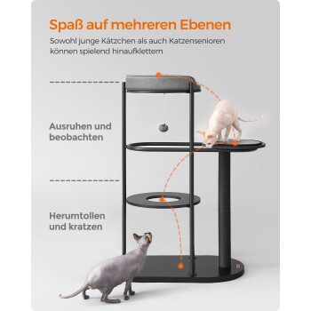 Katzenbaum mit mehreren Ebenen, mit einem grauen Ruhebereich und einer verspielten Katze oben, mit Text, der Spaß für Kätzchen und ältere Katzen fördert.