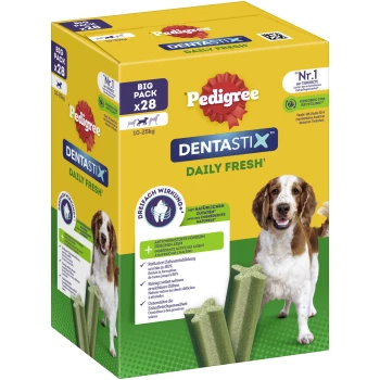 Zahnpflege Dentastix Fresh Multipack 28 Stück für mittelgroße Hunde Pedigree Dentastix Daily Fresh Hundeleckerlis in einer großen Packung mit 28 Stück, mit einem Hund und grünen Zahnpflegekauen, mit aufgelisteten Gesundheitsvorteilen.