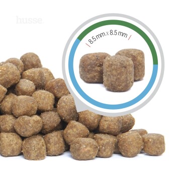 Haustierfutter-Kibble in einem Haufen, mit einer Nahaufnahme, die die Größe von 8,5 mm x 8,5 mm zeigt. Markenname "husse" im Hintergrund sichtbar.