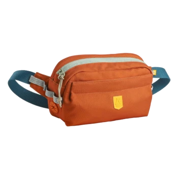 Orangefarbene Haustier-Zubehörtasche mit einem hellgrauen Reißverschluss und blauer Tragegurte, mit einem gelben Logo auf der Vorderseite.
