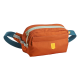 Orangefarbene Haustier-Zubehörtasche mit einem hellgrauen Reißverschluss und blauer Tragegurte, mit einem gelben Logo auf der Vorderseite.