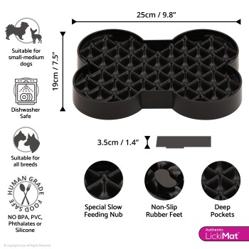 Schwarze, knochenförmige Slow-Feeder-Hundenapf mit rutschfesten Gummifüßen, tiefen Taschen, 25x19 cm, spülmaschinenfest, BPA-frei, für kleine bis mittelgroße Hunde.
