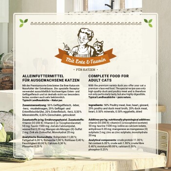 Vollwertnahrung für erwachsene Katzen mit Ente und Taurin, mit Zutaten und Nährwertinformationen in Deutsch und Englisch aufgelistet.