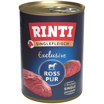 Dose von RINTI Exclusive Ross Pur Hundefutter mit einem roten Fleischstück, das mit "1 Protein SINGLE" und "getreidefrei" beschriftet ist.