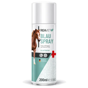 Eine 200ml Sprühdose für Pferde, beschriftet mit "REAVET+ BLAU SPRAY", mit einer Grafik eines galoppierenden Pferdes und deutschem Text zur Anwendung für Haut und Fell.