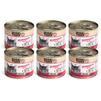 Schmaus 6x200 g Sechs Dosen DOGS'n TIGER Katzenfutter mit der Aufschrift "SCHMAUS RIND", mit einer Katzen-Grafik und den Angaben "78 % RIND" und "JUST FOOD."