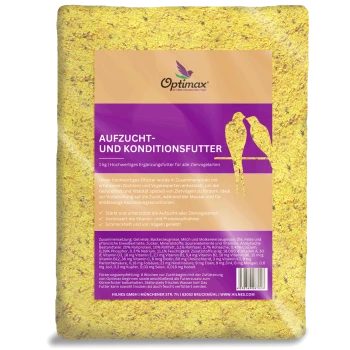 Gelbe Tüte Optimax Vogelfutter mit der Aufschrift 'Aufzucht- und Konditionsfutter', 1 kg, geeignet für alle Vogelarten, mit Nährwertangaben.
