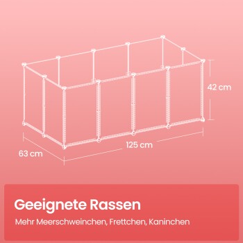 Illustration eines Haustiergeheges mit den Maßen 125 cm x 63 cm x 42 cm, geeignet für Meerschweinchen, Frettchen und Kaninchen.