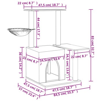 Illustration der Abmessungen eines Katzenbaums mit beschrifteten Maßen: Höhe 83 cm, Breite 84,5 cm, mit einem gemütlichen Versteck und einer Schüssel.