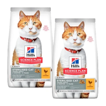 Hill's Science Plan Katzenfutter-Tüten für sterilisierten Katzen, mit einer rot-weißen Katze, geeignet für Altersgruppen von 6 Monaten bis 6 Jahren, mit Huhn.