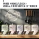 Fünf Dosen Tierfutter mit den Aufschriften 'Hirsch Pur', 'Kaninchen Pur', 'Ziege Pur', 'Pferd Pur', 'Känguru Pur', mit '100% PUR'-Stempel, 400 g.