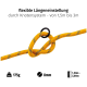 Gelbe verstellbare Haustierleine mit Knotensystem, von 1,5 m bis 3 m messend, mit einer Dicke von 8 mm und einem Gewicht von 175 g.