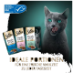 Eine graue Katze leckt sich die Lippen neben Sheba Katzenfutterbeuteln, die mit Thunfisch, Lachs und Forelle beschriftet sind. Der Text lautet "IDEALE PORTIONEN FÜR EINE FRISCHE MAHLZEIT."
