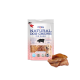Emballage de friandises naturelles pour chiens à oreilles de porc avec un golden retriever, indiquant "100% Tasty" et "Gently air dried", avec des friandises à oreilles de porc affichées.