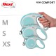 A hand holding three flexi retractable dog leashes in varying sizes (M, S, XS) with a light blue design, labeled "NEW COMFORT."