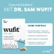Die Verpackung von Dr. SAM Wufit für Katzen zeigt eine verspielte Katze und hebt Vorteile hervor: kostensparend, praktische Tabletten, 100% natürlich, hergestellt in Deutschland.