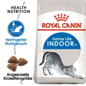 Home Life Indoor 27 400 g Royal Canin Home Life Indoor Katzenfutterbeutel mit einer Illustration einer sich dehnenden Katze, mit Text, der den reduzierten Stuhlgeruch und die angepasste Kibble-Größe hervorhebt.