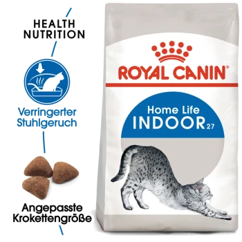 Royal Canin Home Life Indoor Katzenfutterbeutel mit einer Illustration einer sich dehnenden Katze, mit Text, der den reduzierten Stuhlgeruch und die angepasste Kibble-Größe hervorhebt.