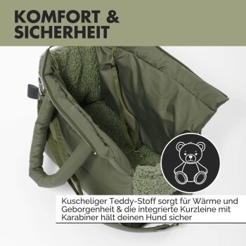Olivgrüne Hundetragetasche mit weichem Teddystoff-Innenfutter und integriertem Leinenkarabiner für Komfort und Sicherheit.
