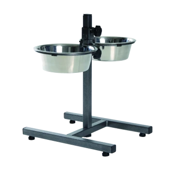 Doppelte Futterschalen aus Edelstahl für Haustiere auf einem verstellbaren schwarzen Metallständer.