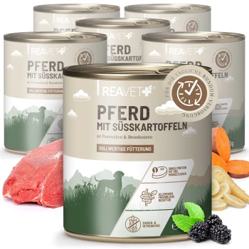 Dosen mit Haustierfutter, beschriftet mit "PFERD MIT SÜSSKARTOFFELN" mit Pferdefleisch, Süßkartoffeln, Pastinaken, Brombeeren und einem Siegel "VOLLWERTIGE FÜTTERUNG."