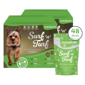 Verpackung von 'Surf 'n' Turf' Hundefutter von Lecker.Pet, mit 48 Portionen, mit Details zu Zutaten wie Huhn und Fisch.