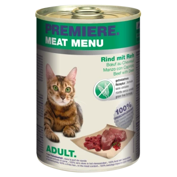A can of Premiere Meat Menu cat food with a tabby cat label, "Beef with Deer," grain-free, and "100% Fresh Meat" for adults.