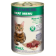 Une boîte de nourriture pour chats Premiere Meat Menu avec une étiquette de chat tigré, "Boeuf avec Cerf," sans céréales, et "100% Viande Fraîche" pour adultes.