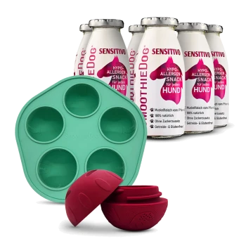 Flaschen mit SmoothieDog Sensitive hypoallergenem Hundesnack mit grünem Silikonform-Tablett und rotem Leckerli-Spenderball.